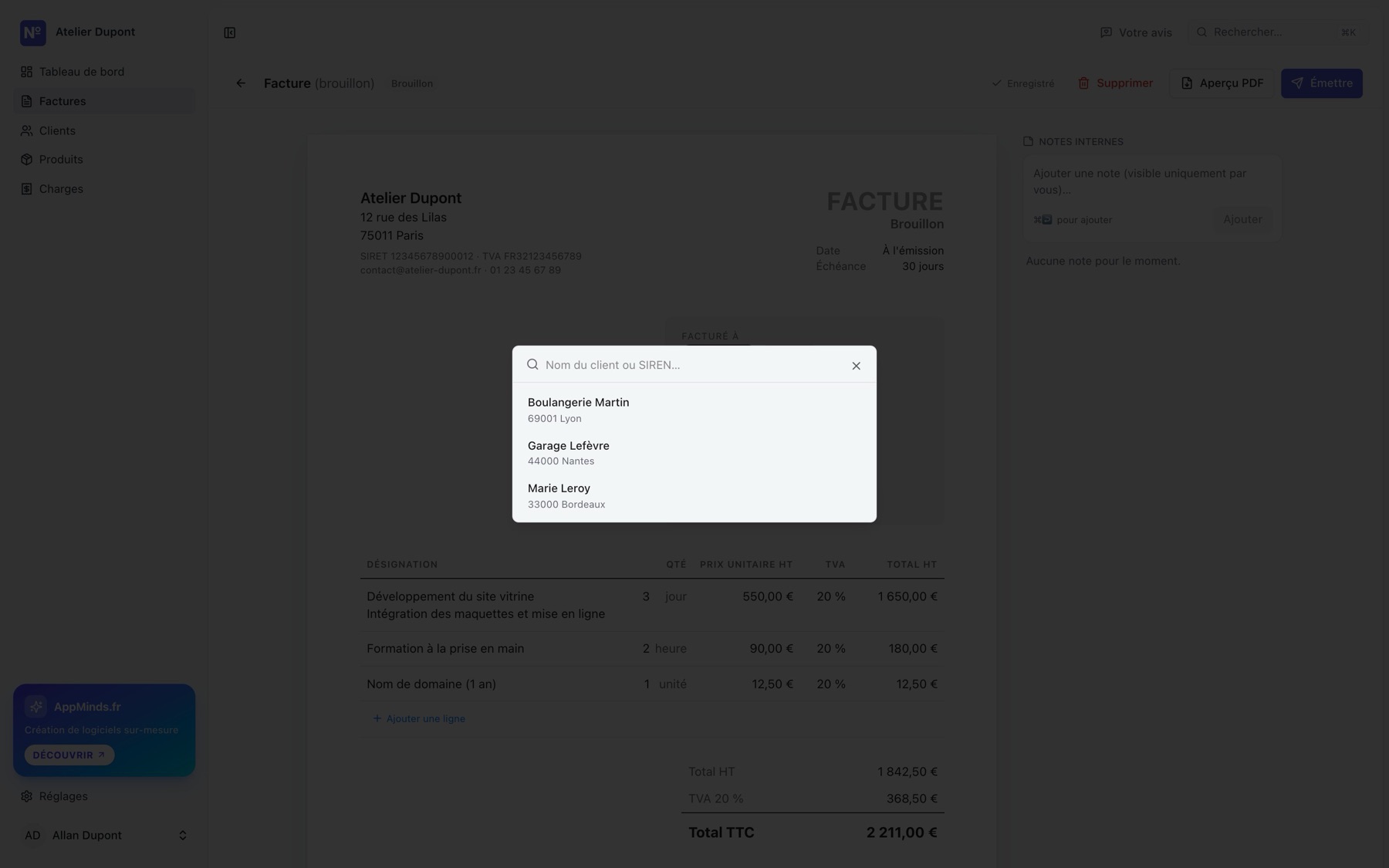 La recherche Importer un client ouverte sur la facture, avec la liste des clients enregistrés