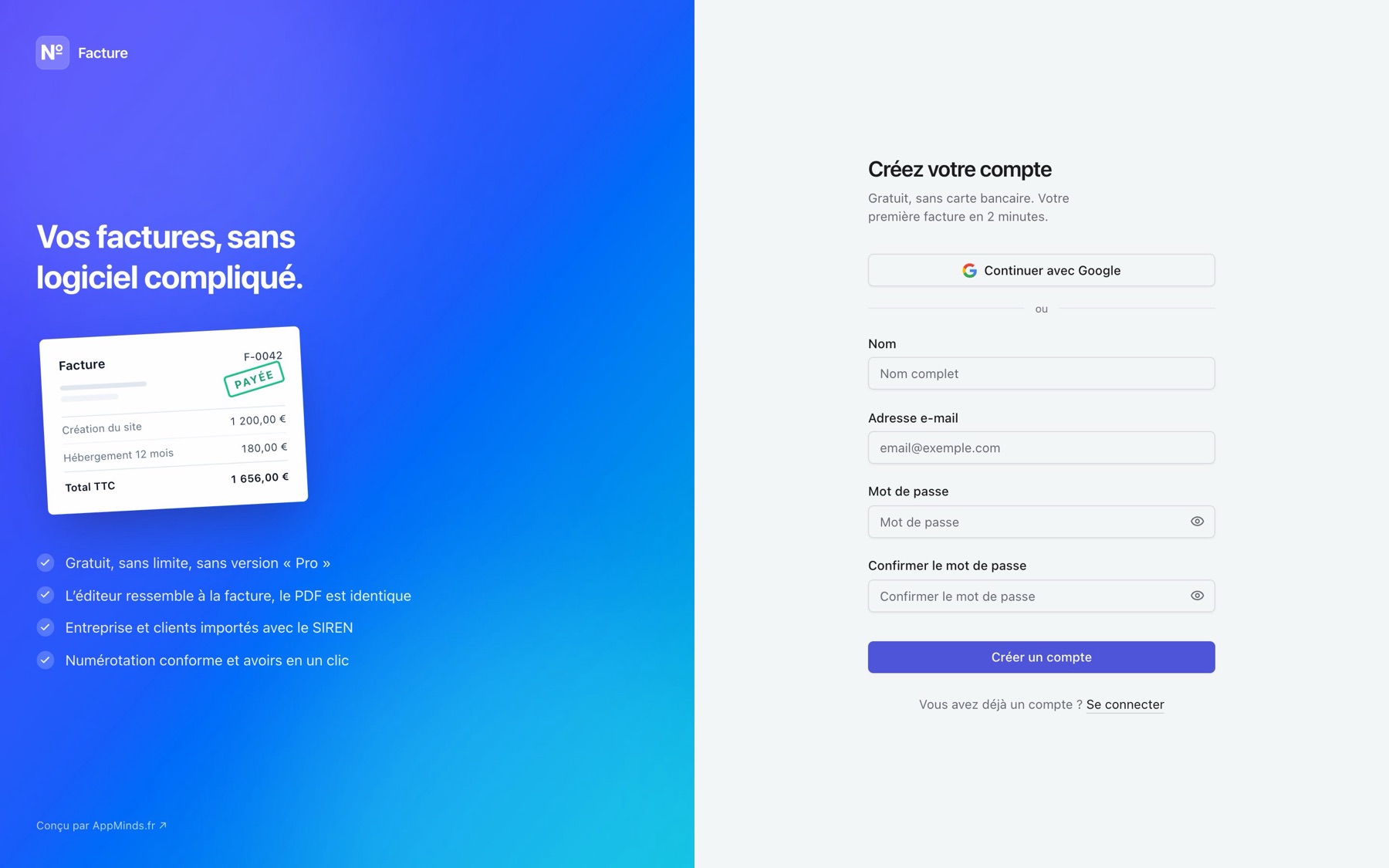 La page de création de compte avec le bouton Continuer avec Google