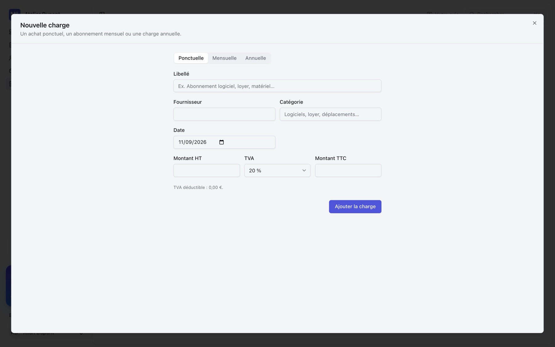 La fenêtre Nouvelle charge : ponctuelle, mensuelle ou annuelle, libellé, fournisseur, catégorie, date et montants