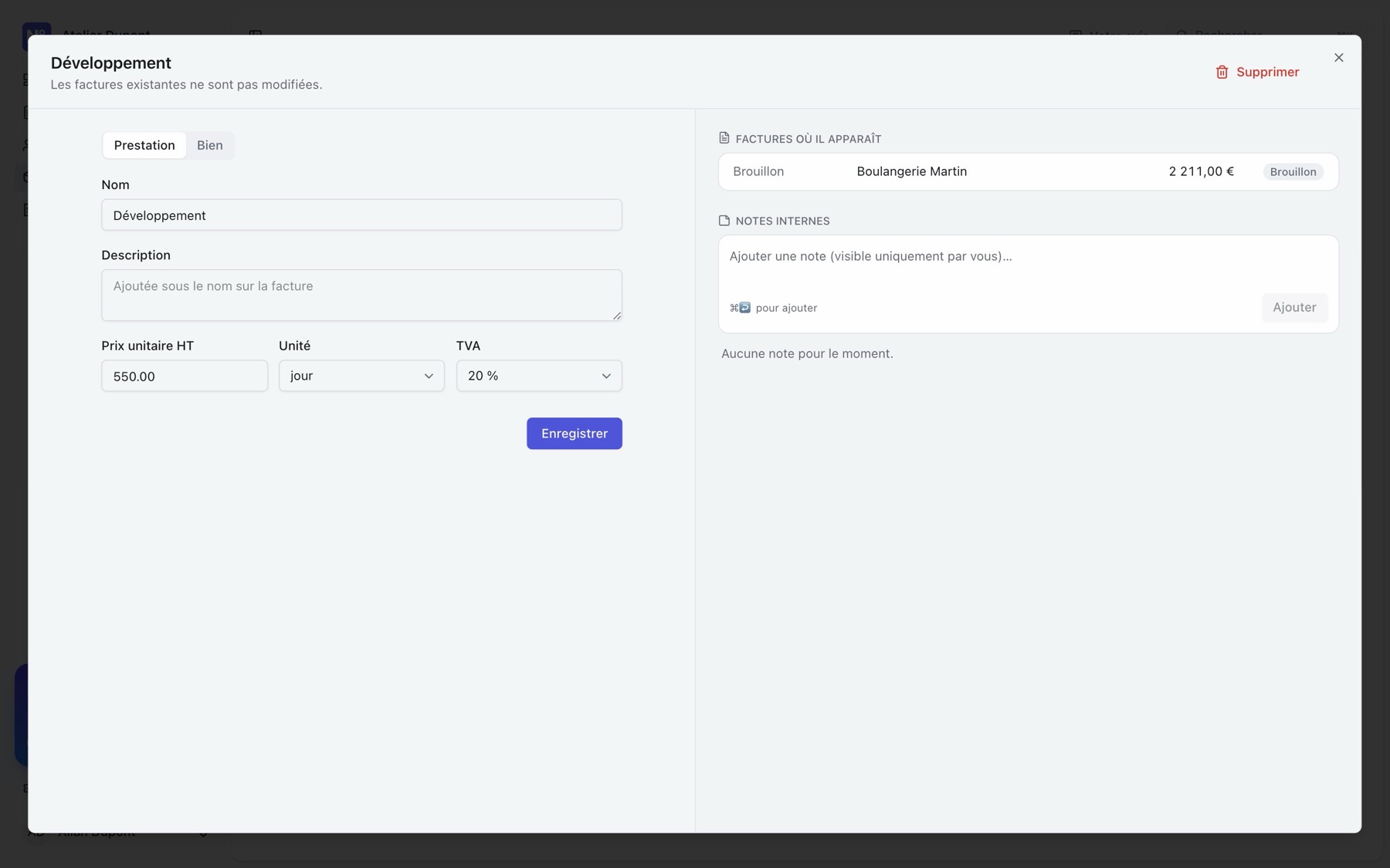 La fiche d’un produit : type, nom, description, prix, unité, TVA, et les factures où il apparaît