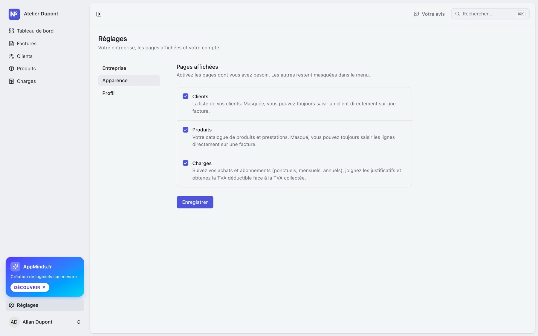 Réglages › Apparence : cases à cocher Clients, Produits et Charges