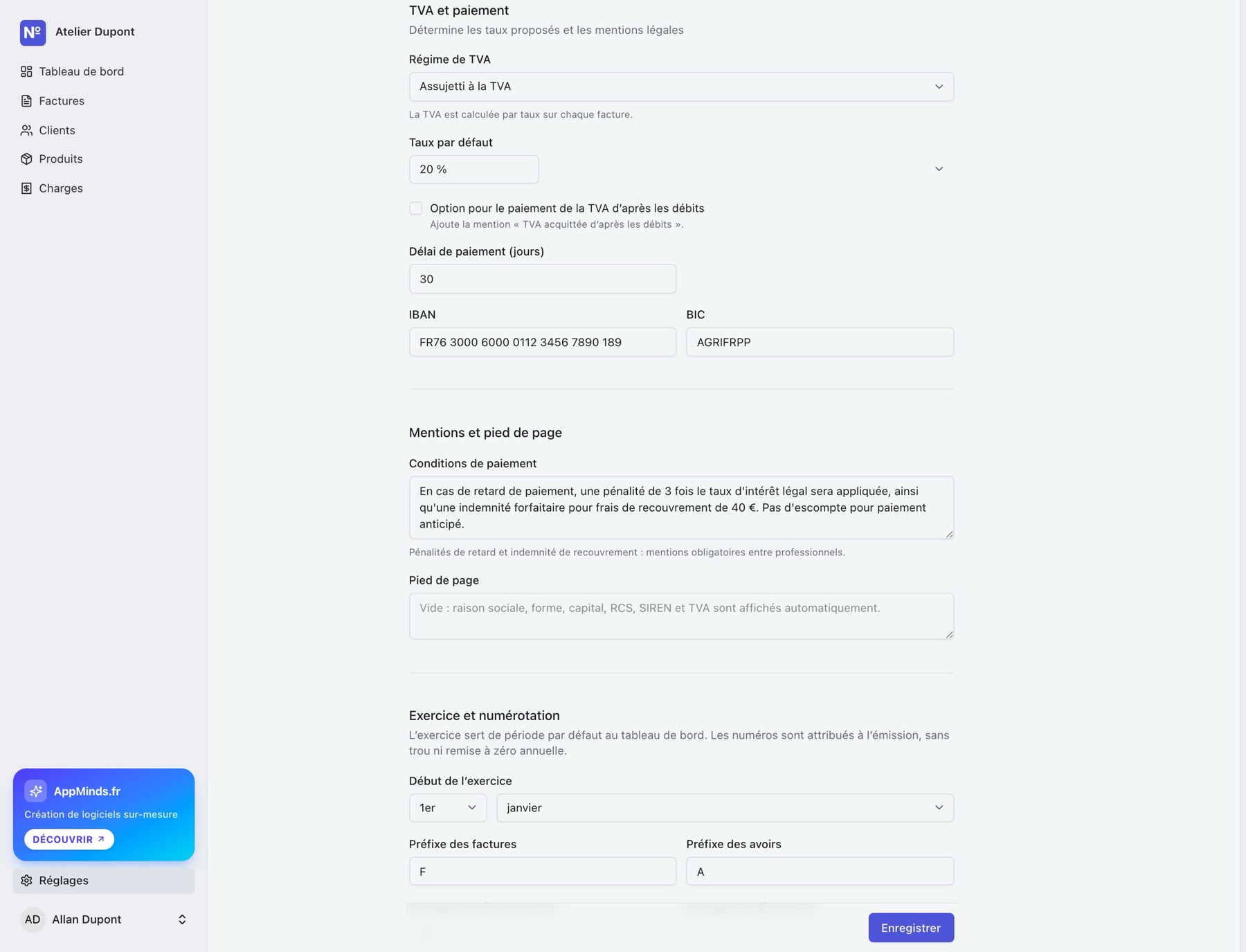 Réglages › Entreprise : régime de TVA, délai de paiement, IBAN, conditions de paiement, pied de page, exercice et numérotation